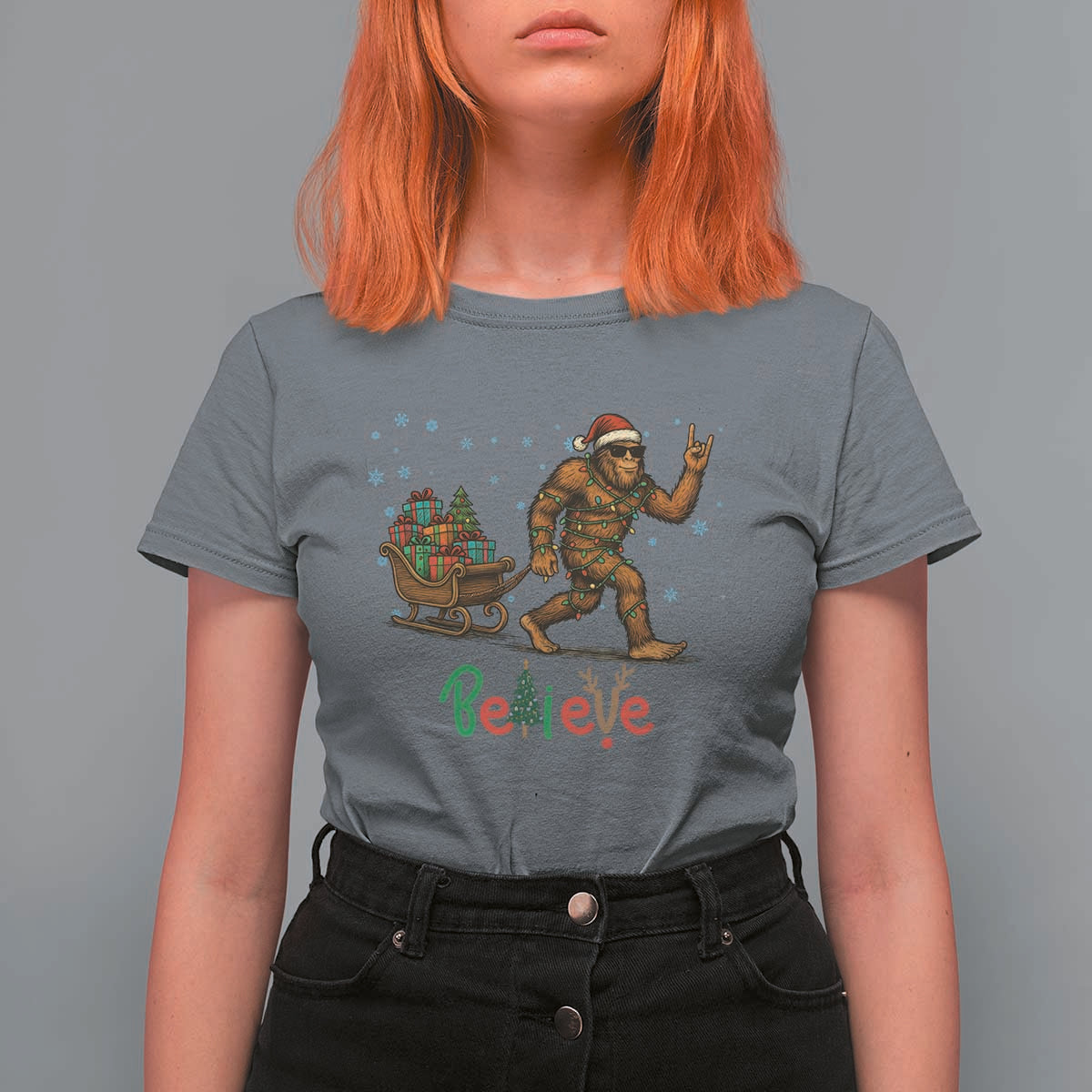 Bigfoot Christmas T Shirt For Women Believe Funny Holiday Gift - Wonder Print Shop