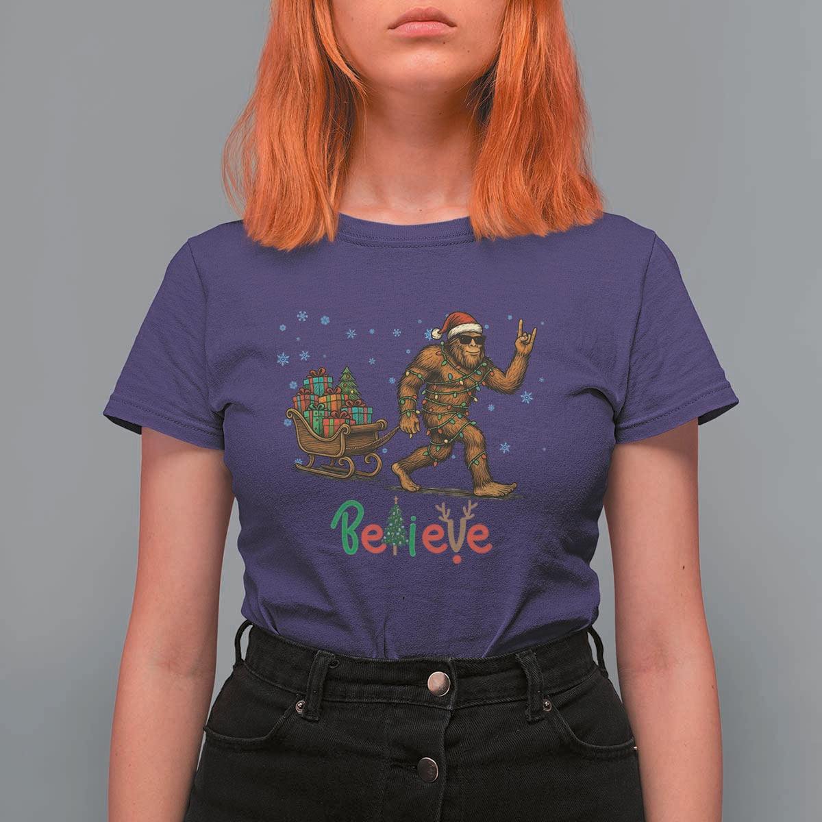 Bigfoot Christmas T Shirt For Women Believe Funny Holiday Gift - Wonder Print Shop