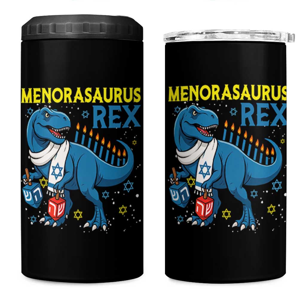 Funny Hanukkah Dinosaur With Dreidel Menorah Pun Gift 4 in 1 Can Cooler Tumbler Menorasaurus Rex - Wonder Print Shop