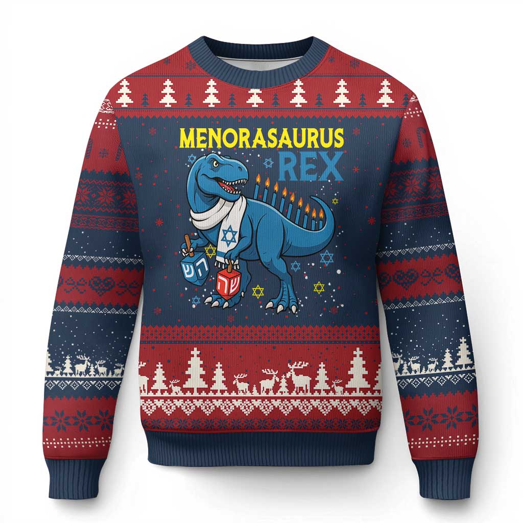 Funny Hanukkah Dinosaur With Dreidel Menorah Pun Gift Ugly Christmas Sweater Menorasaurus Rex - Wonder Print Shop