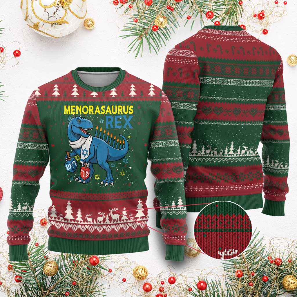 Funny Hanukkah Dinosaur With Dreidel Menorah Pun Gift Ugly Christmas Sweater Menorasaurus Rex - Wonder Print Shop