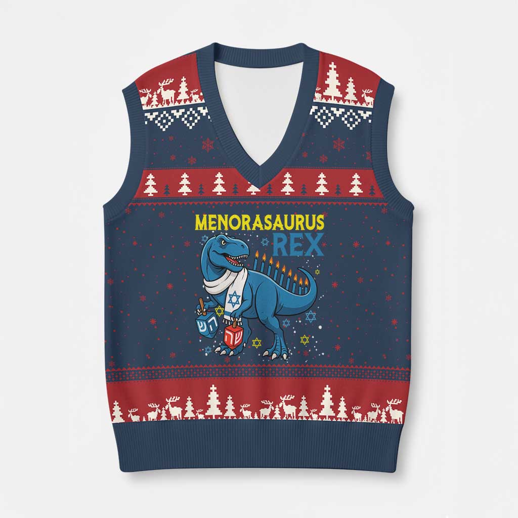 Funny Hanukkah Dinosaur With Dreidel Menorah Pun Gift V-Neck Knit Sweater Vest Menorasaurus Rex - Wonder Print Shop