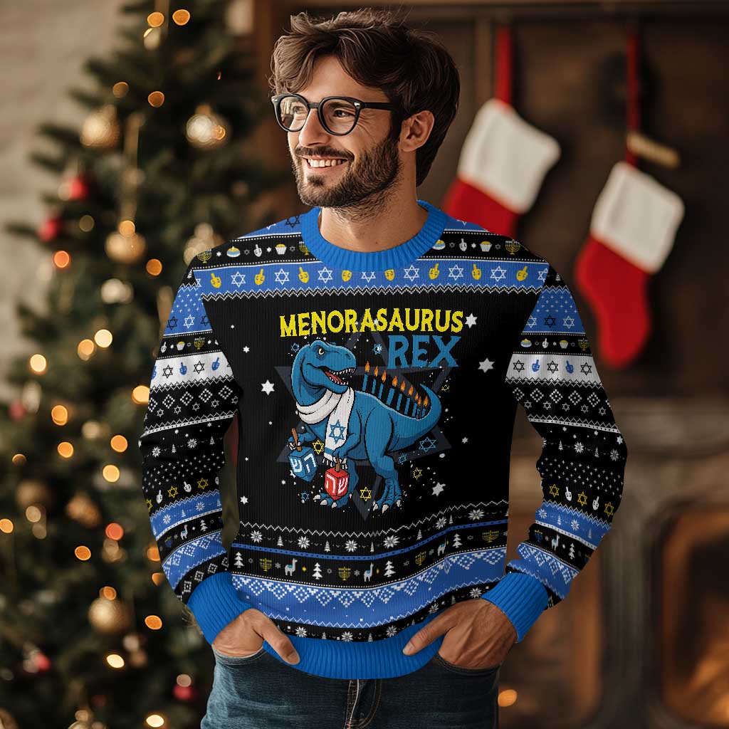 Funny Dinosaur With Dreidel Menorah Pun Gift Hanukkah Ugly Sweater Menorasaurus Rex - Wonder Print Shop