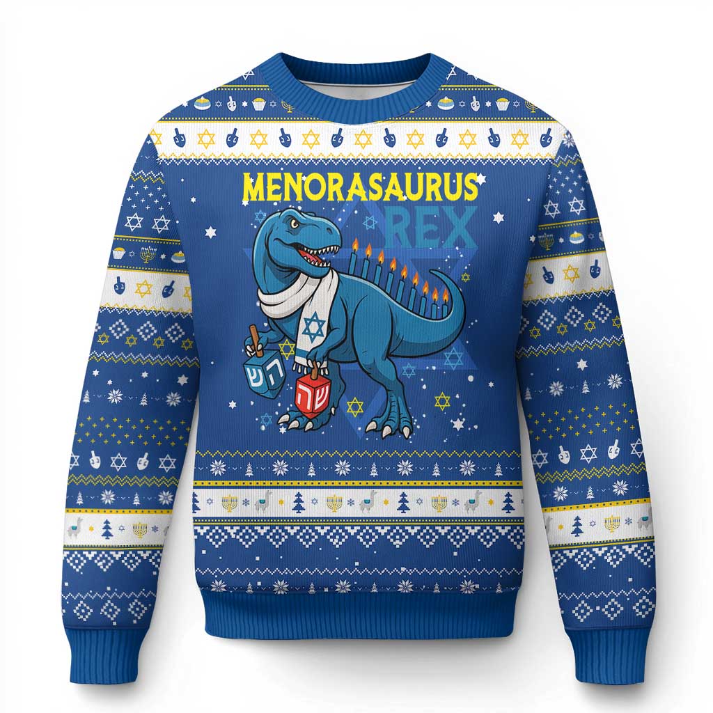 Funny Dinosaur With Dreidel Menorah Pun Gift Hanukkah Ugly Sweater Menorasaurus Rex - Wonder Print Shop