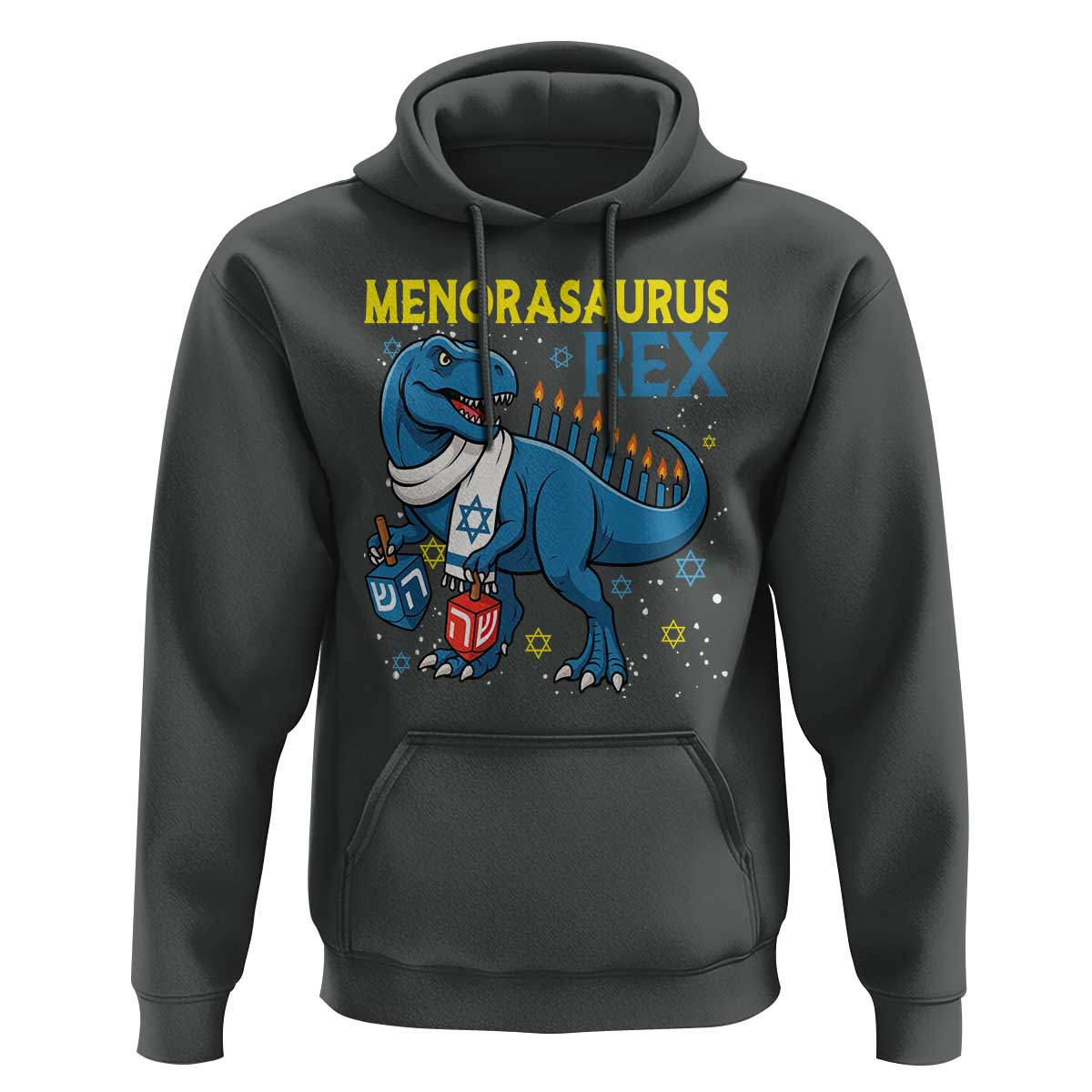 Funny Hanukkah Dinosaur With Dreidel Menorah Pun Gift Hoodie Menorasaurus Rex - Wonder Print Shop