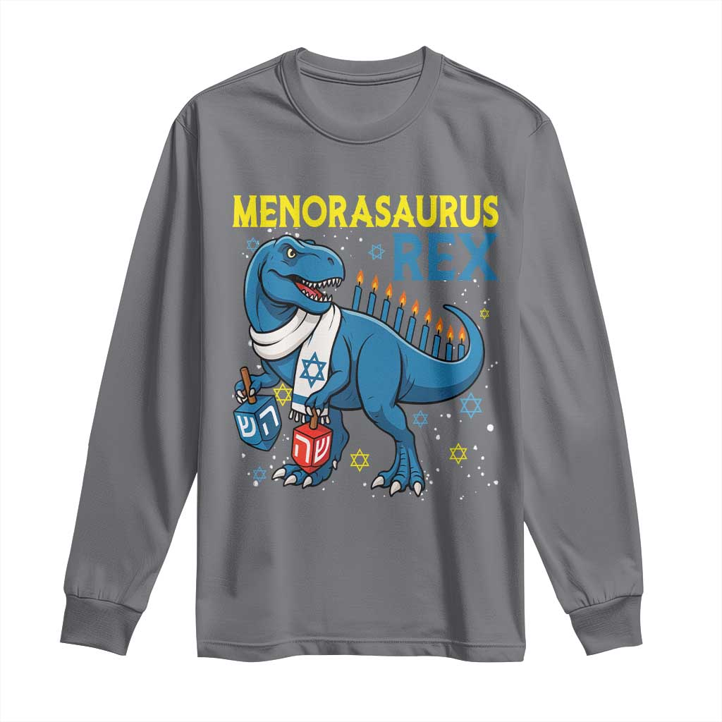 Funny Hanukkah Dinosaur With Dreidel Menorah Pun Gift Long Sleeve Shirt Menorasaurus Rex - Wonder Print Shop