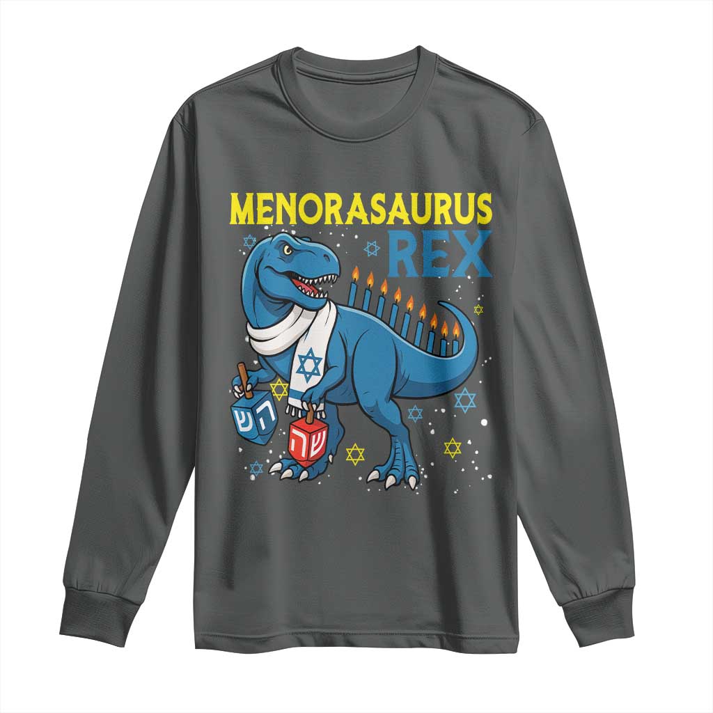 Funny Hanukkah Dinosaur With Dreidel Menorah Pun Gift Long Sleeve Shirt Menorasaurus Rex - Wonder Print Shop