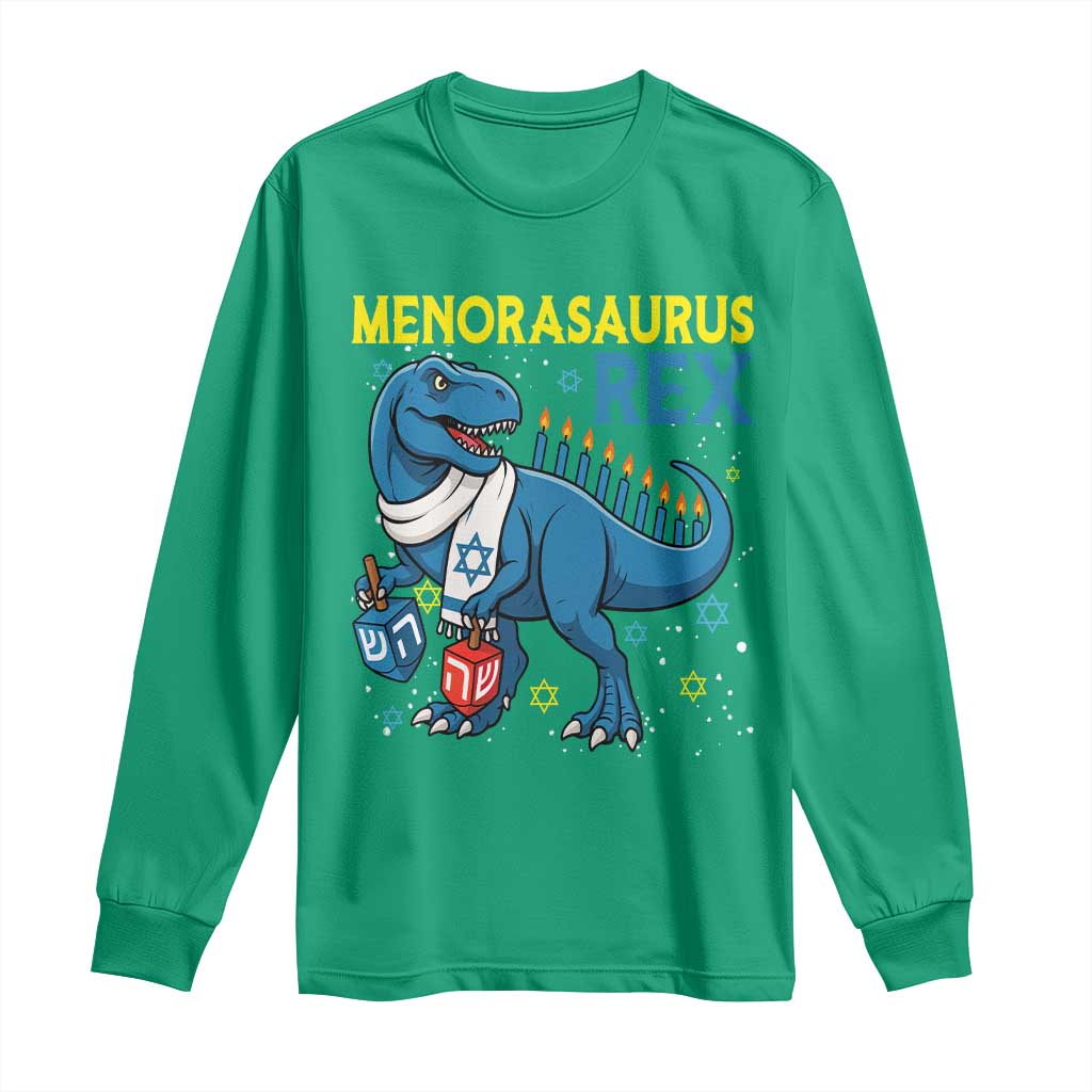 Funny Hanukkah Dinosaur With Dreidel Menorah Pun Gift Long Sleeve Shirt Menorasaurus Rex - Wonder Print Shop