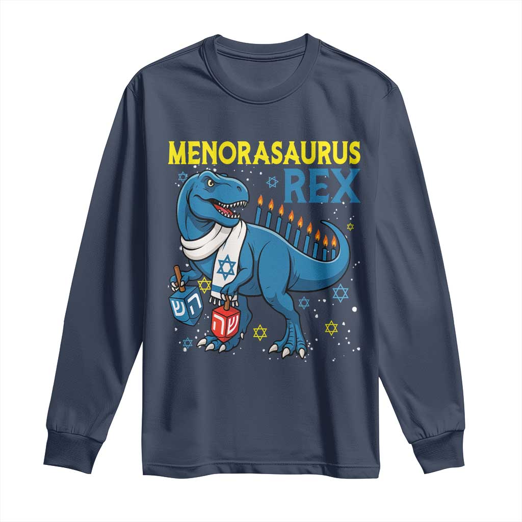 Funny Hanukkah Dinosaur With Dreidel Menorah Pun Gift Long Sleeve Shirt Menorasaurus Rex - Wonder Print Shop