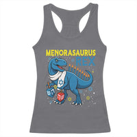 Funny Hanukkah Dinosaur With Dreidel Menorah Pun Gift Racerback Tank Top Menorasaurus Rex - Wonder Print Shop
