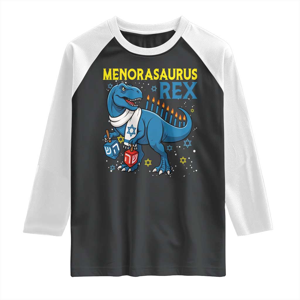 Funny Hanukkah Dinosaur With Dreidel Menorah Pun Gift Raglan Shirt Menorasaurus Rex - Wonder Print Shop