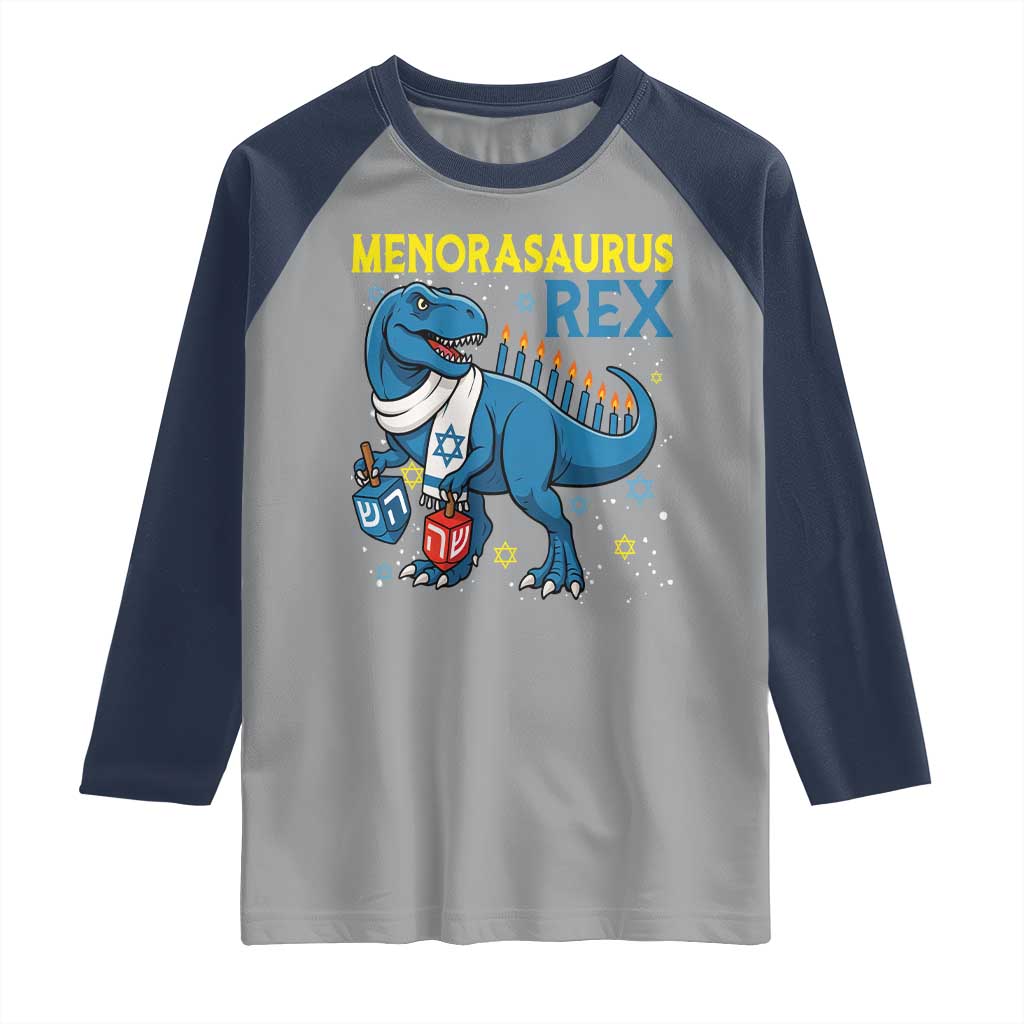 Funny Hanukkah Dinosaur With Dreidel Menorah Pun Gift Raglan Shirt Menorasaurus Rex - Wonder Print Shop