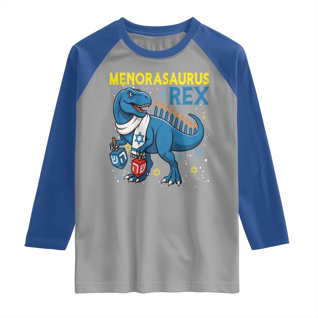Funny Hanukkah Dinosaur With Dreidel Menorah Pun Gift Raglan Shirt Menorasaurus Rex - Wonder Print Shop