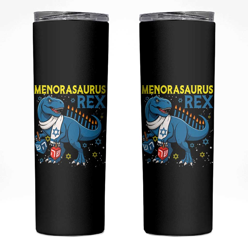 Funny Hanukkah Dinosaur With Dreidel Menorah Pun Gift Skinny Tumbler Menorasaurus Rex - Wonder Print Shop