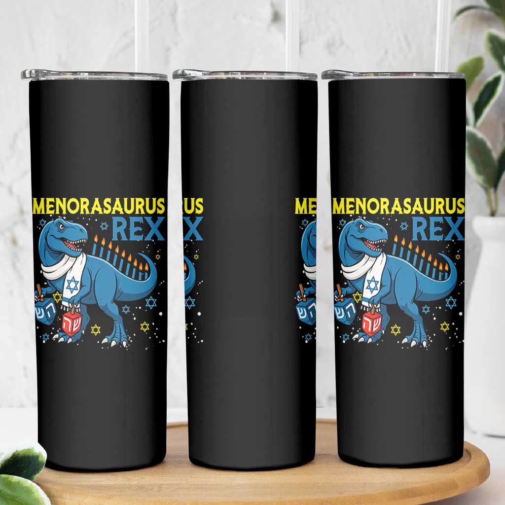 Funny Hanukkah Dinosaur With Dreidel Menorah Pun Gift Skinny Tumbler Menorasaurus Rex - Wonder Print Shop