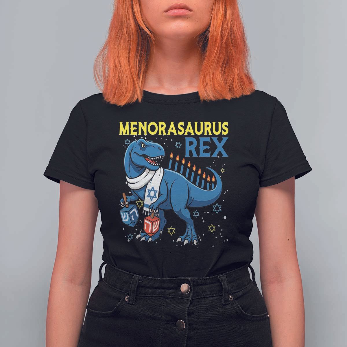 Funny Hanukkah Dinosaur With Dreidel Menorah Pun Gift T Shirt For Women Menorasaurus Rex - Wonder Print Shop