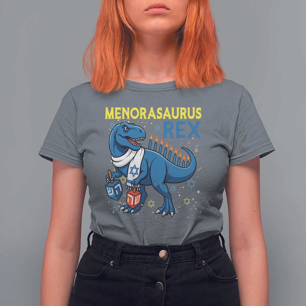 Funny Hanukkah Dinosaur With Dreidel Menorah Pun Gift T Shirt For Women Menorasaurus Rex - Wonder Print Shop