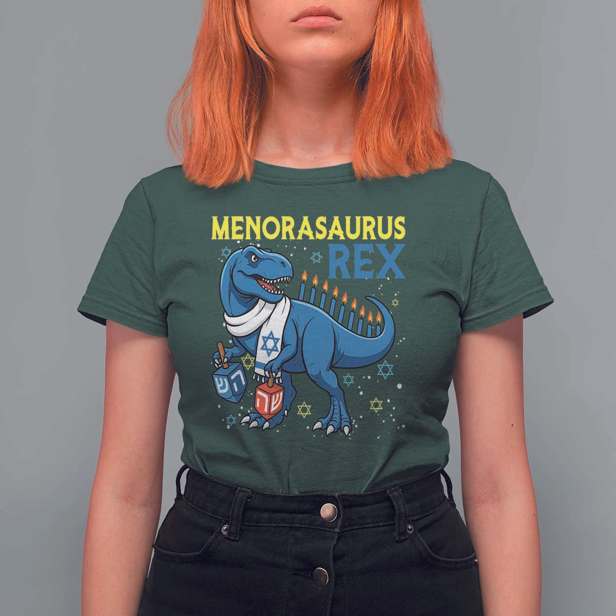 Funny Hanukkah Dinosaur With Dreidel Menorah Pun Gift T Shirt For Women Menorasaurus Rex - Wonder Print Shop