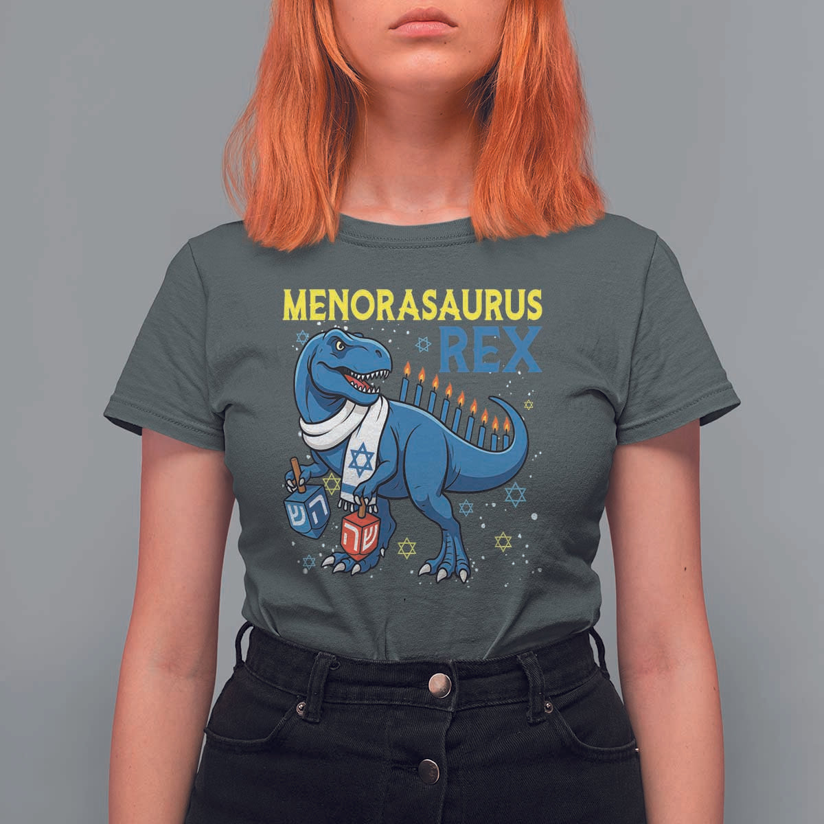 Funny Hanukkah Dinosaur With Dreidel Menorah Pun Gift T Shirt For Women Menorasaurus Rex - Wonder Print Shop