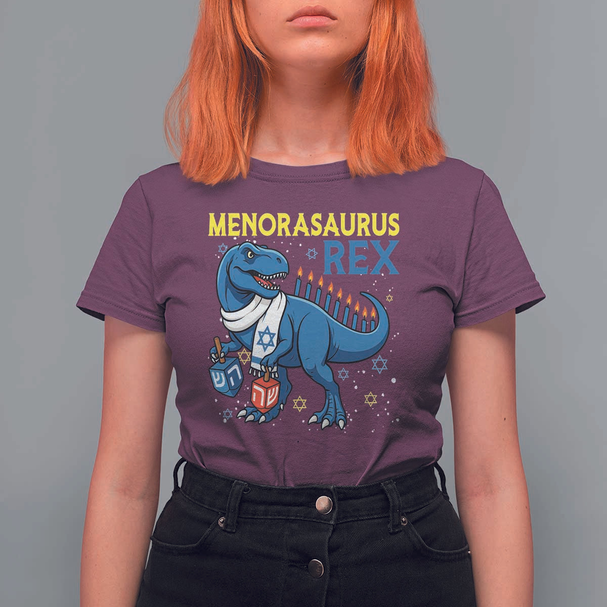 Funny Hanukkah Dinosaur With Dreidel Menorah Pun Gift T Shirt For Women Menorasaurus Rex - Wonder Print Shop