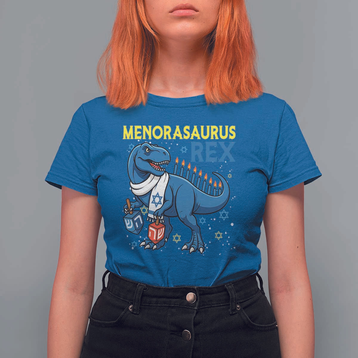 Funny Hanukkah Dinosaur With Dreidel Menorah Pun Gift T Shirt For Women Menorasaurus Rex - Wonder Print Shop