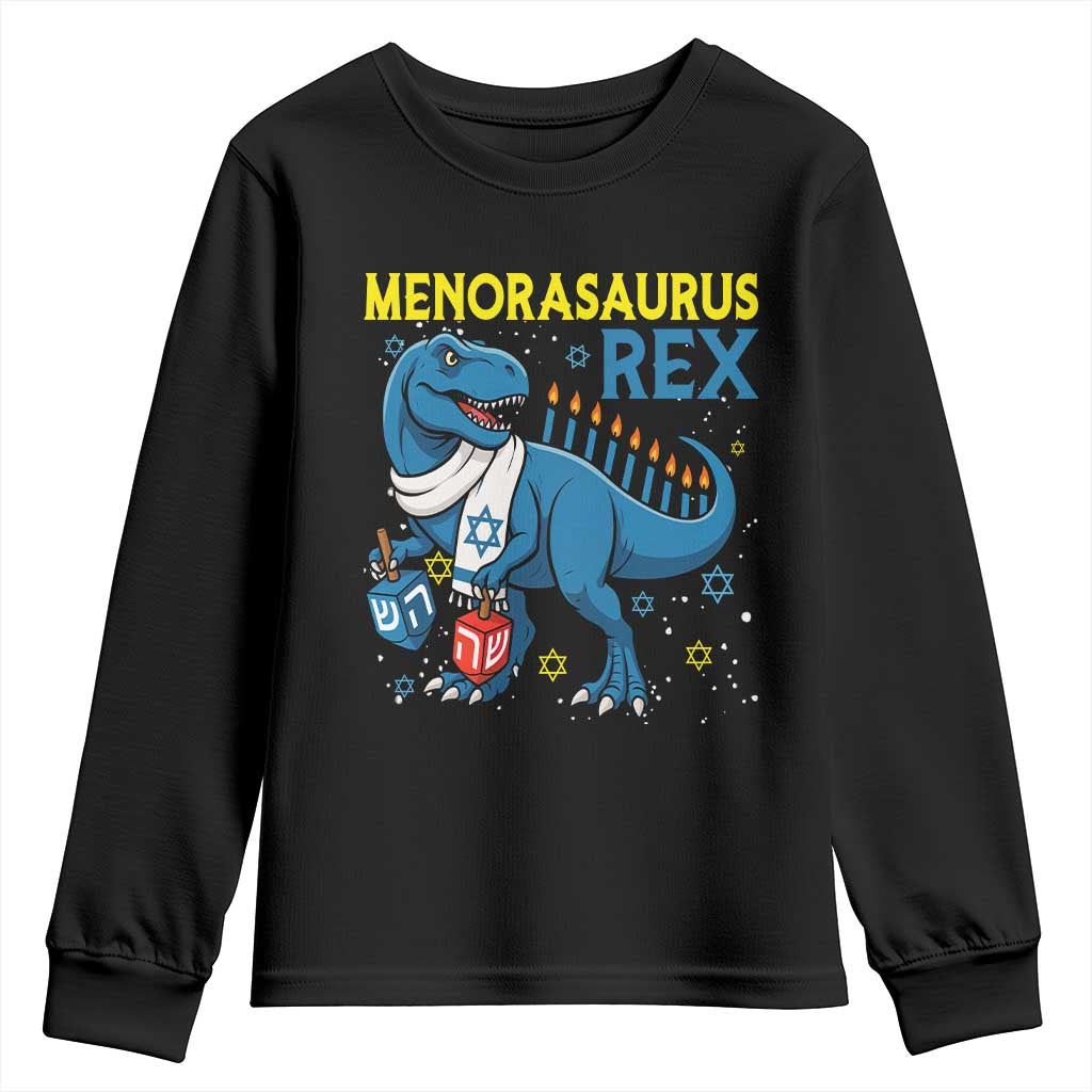 Funny Hanukkah Dinosaur With Dreidel Menorah Pun Gift Youth Sweatshirt Menorasaurus Rex - Wonder Print Shop