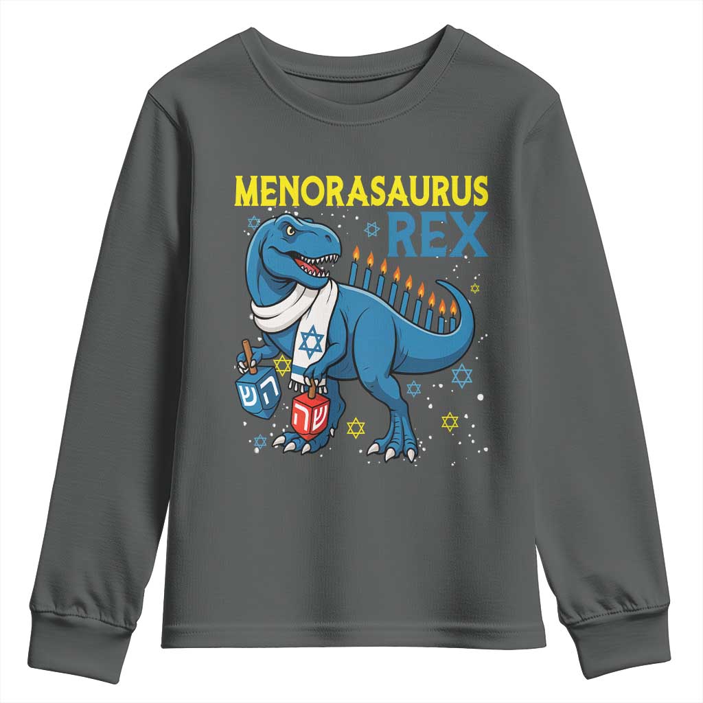 Funny Hanukkah Dinosaur With Dreidel Menorah Pun Gift Youth Sweatshirt Menorasaurus Rex - Wonder Print Shop