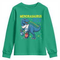 Funny Hanukkah Dinosaur With Dreidel Menorah Pun Gift Youth Sweatshirt Menorasaurus Rex - Wonder Print Shop