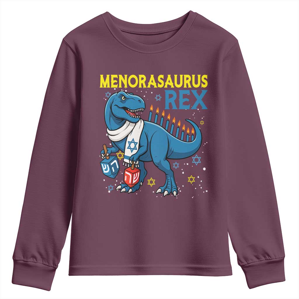 Funny Hanukkah Dinosaur With Dreidel Menorah Pun Gift Youth Sweatshirt Menorasaurus Rex - Wonder Print Shop