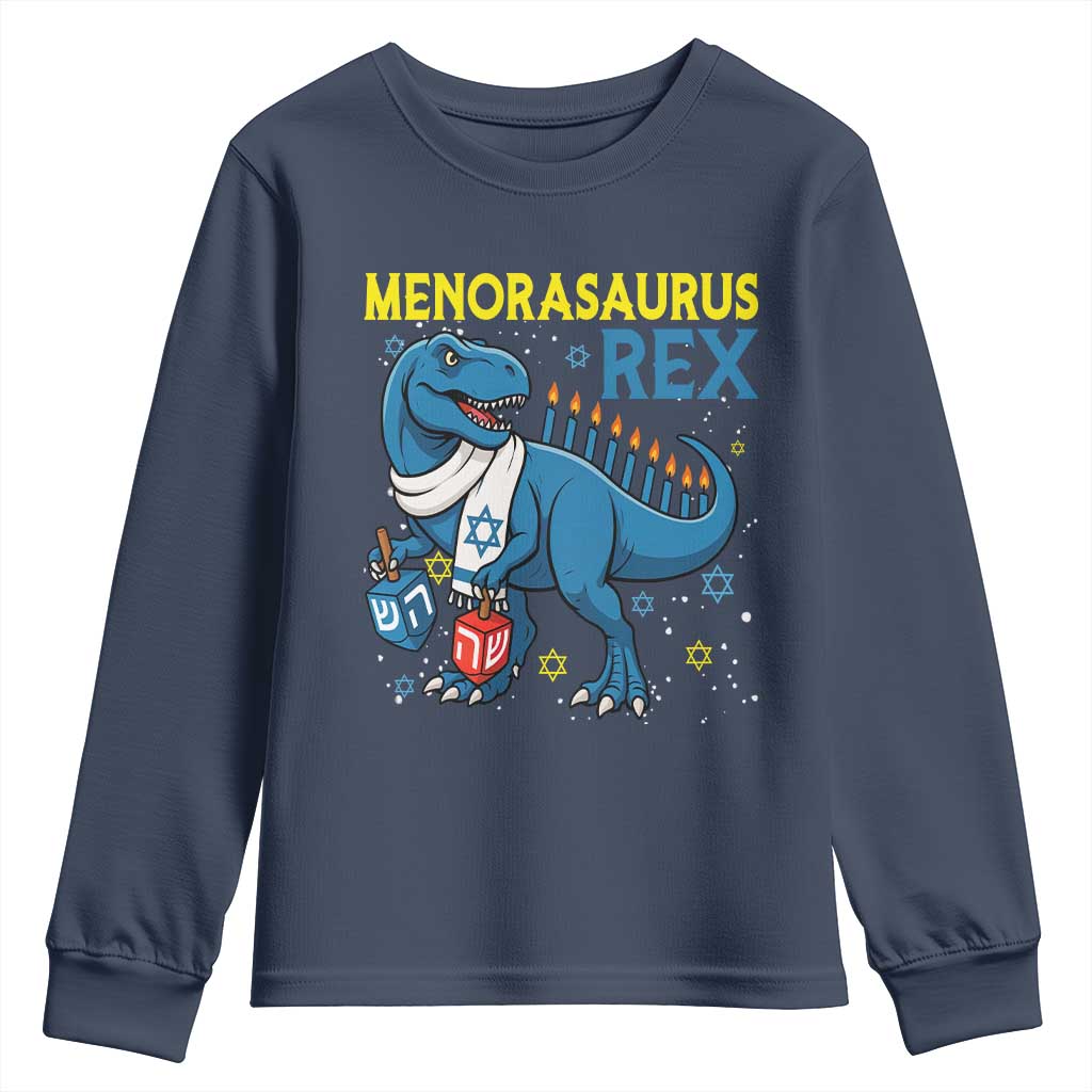 Funny Hanukkah Dinosaur With Dreidel Menorah Pun Gift Youth Sweatshirt Menorasaurus Rex - Wonder Print Shop