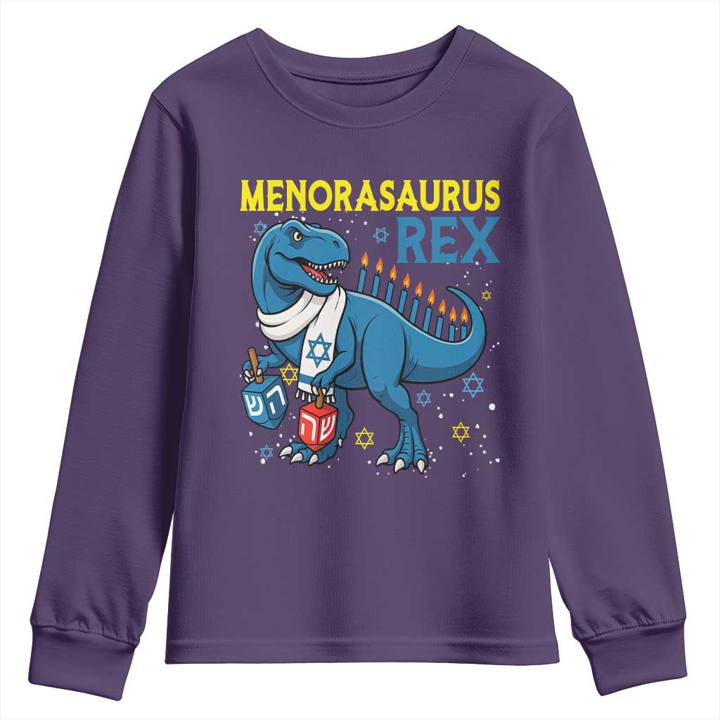 Funny Hanukkah Dinosaur With Dreidel Menorah Pun Gift Youth Sweatshirt Menorasaurus Rex - Wonder Print Shop