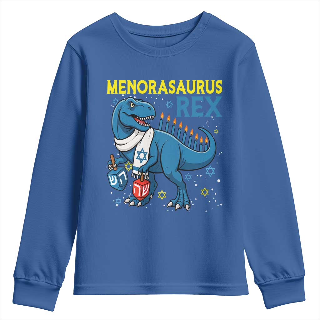Funny Hanukkah Dinosaur With Dreidel Menorah Pun Gift Youth Sweatshirt Menorasaurus Rex - Wonder Print Shop