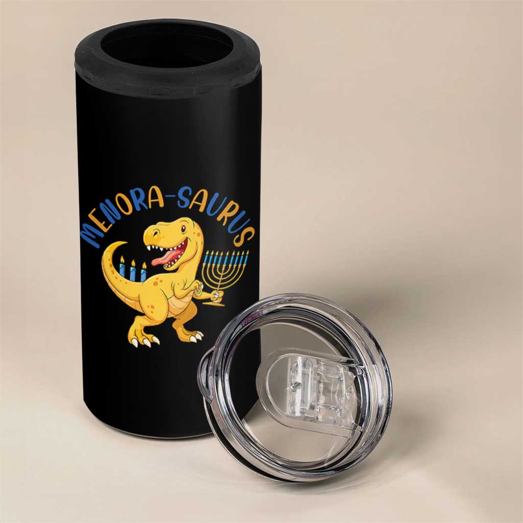 Funny Hanukkah Dinosaur Celebration Festival Of Lights Gift 4 in 1 Can Cooler Tumbler Menorasaurus - Wonder Print Shop