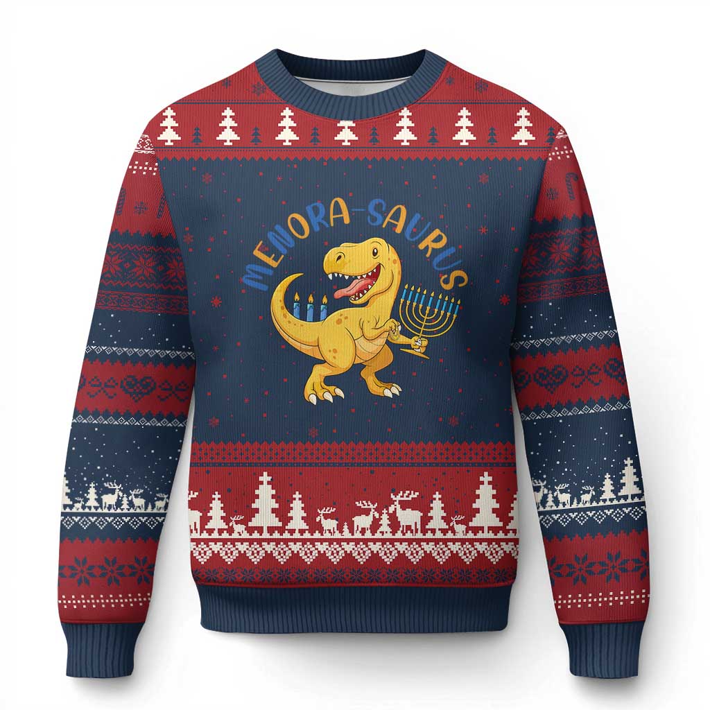 Funny Hanukkah Dinosaur Celebration Festival Of Lights Gift Ugly Christmas Sweater Menorasaurus - Wonder Print Shop