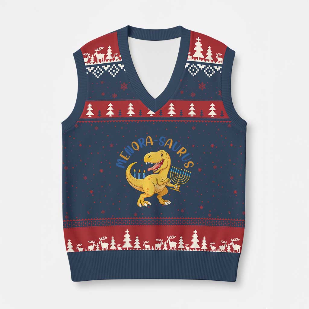 Funny Hanukkah Dinosaur Celebration Festival Of Lights Gift V-Neck Knit Sweater Vest Menorasaurus - Wonder Print Shop