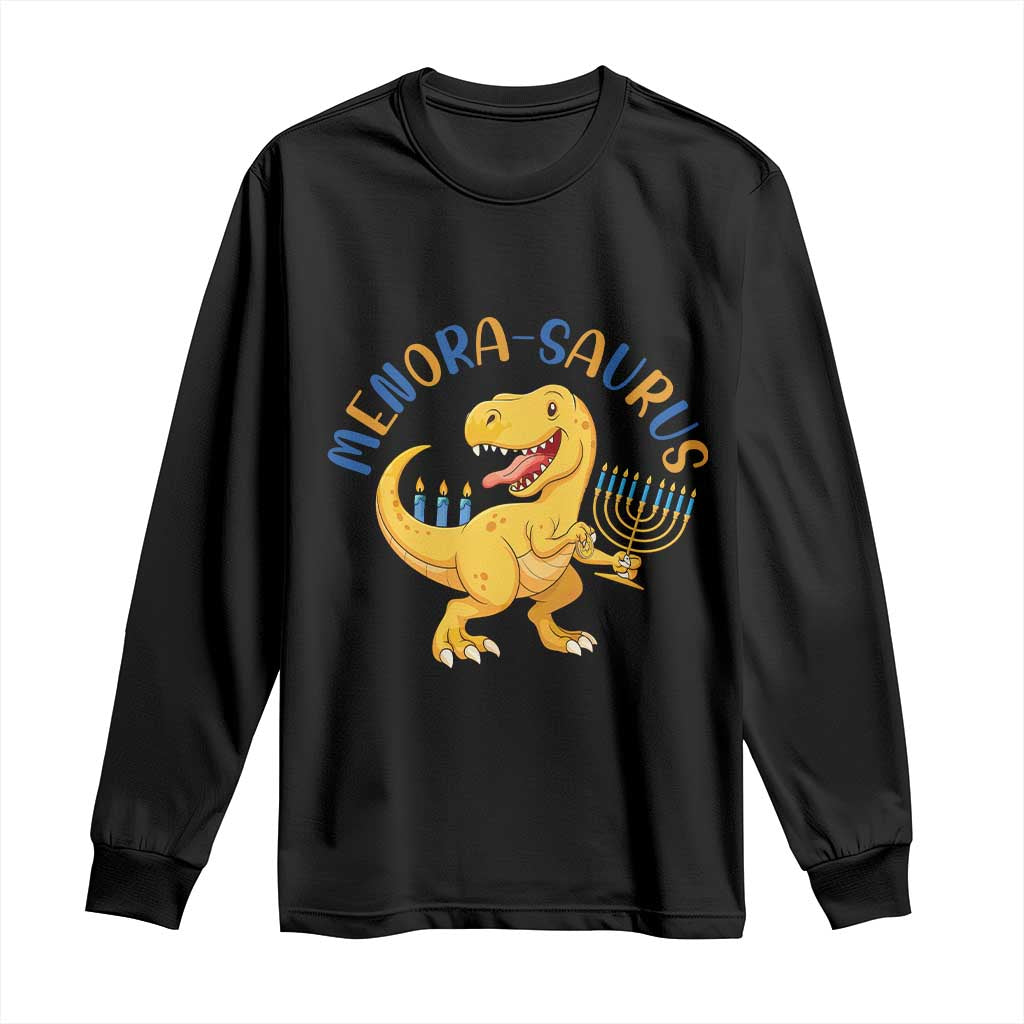 Funny Hanukkah Dinosaur Celebration Festival Of Lights Gift Long Sleeve Shirt Menorasaurus - Wonder Print Shop