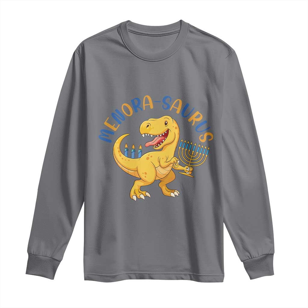 Funny Hanukkah Dinosaur Celebration Festival Of Lights Gift Long Sleeve Shirt Menorasaurus - Wonder Print Shop