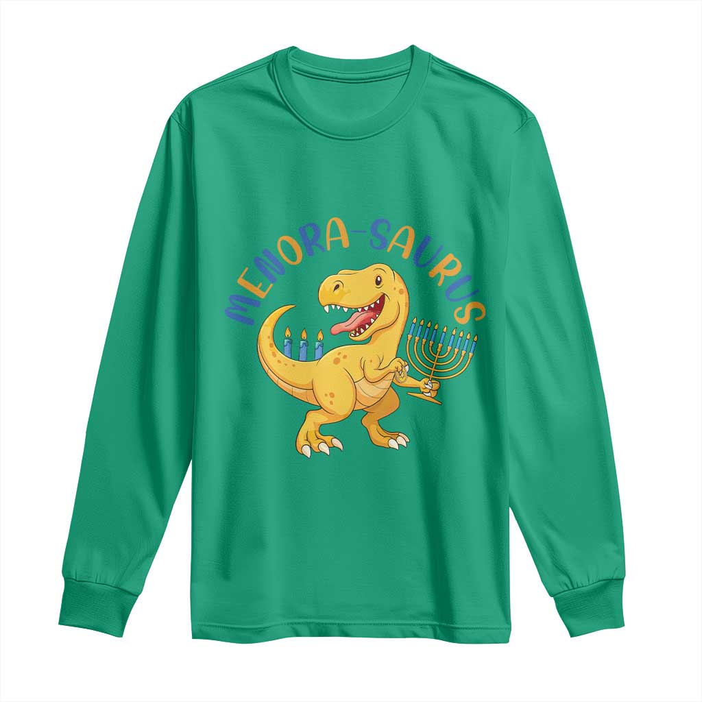 Funny Hanukkah Dinosaur Celebration Festival Of Lights Gift Long Sleeve Shirt Menorasaurus - Wonder Print Shop