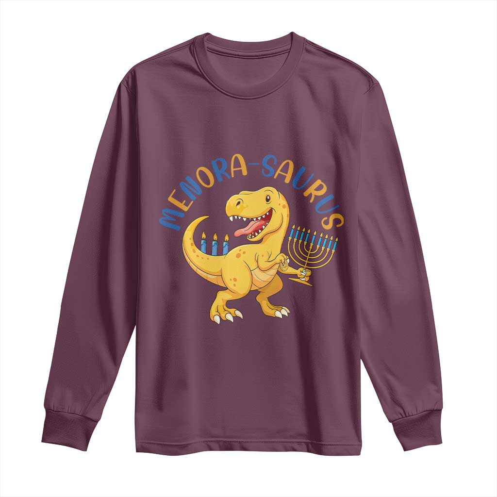 Funny Hanukkah Dinosaur Celebration Festival Of Lights Gift Long Sleeve Shirt Menorasaurus - Wonder Print Shop