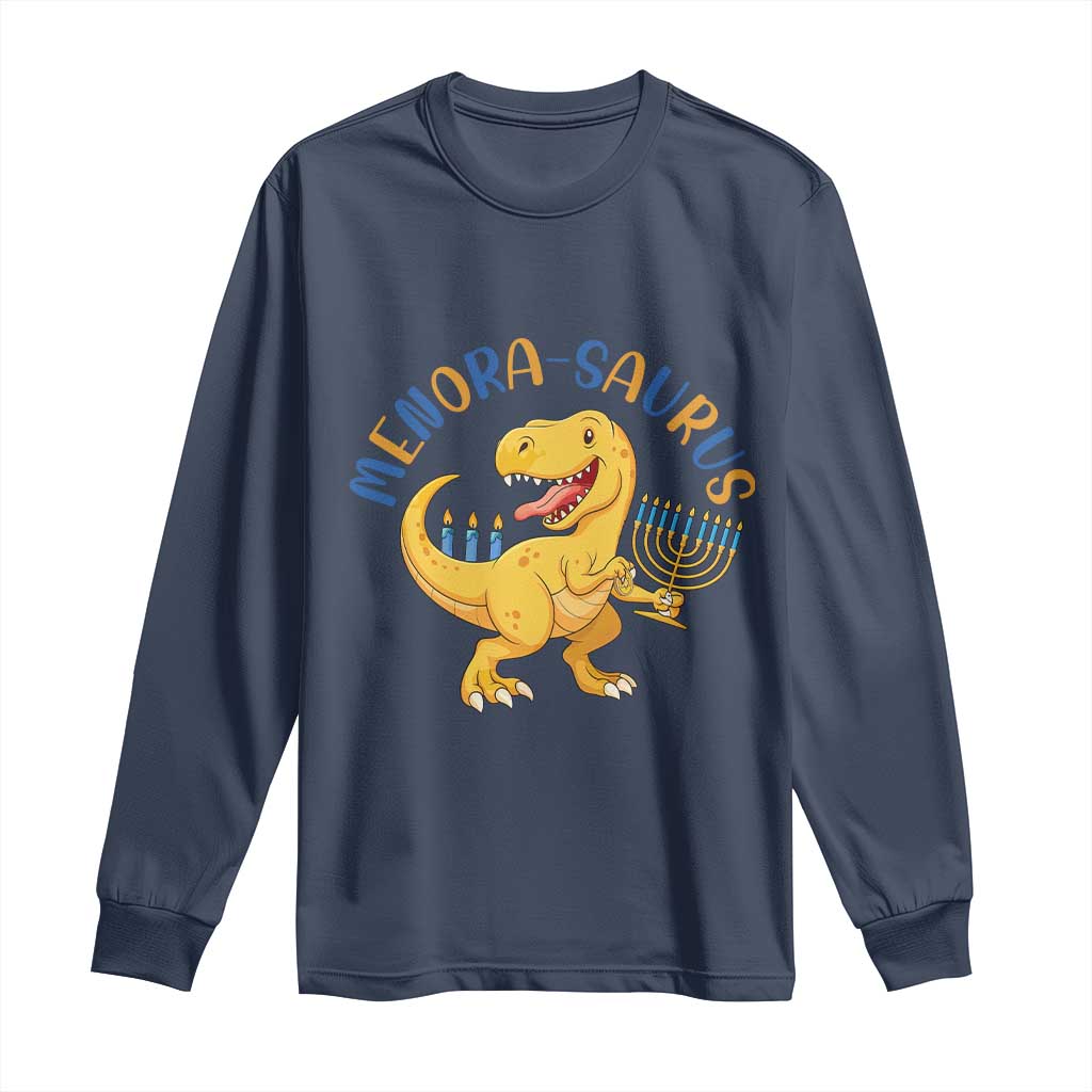 Funny Hanukkah Dinosaur Celebration Festival Of Lights Gift Long Sleeve Shirt Menorasaurus - Wonder Print Shop