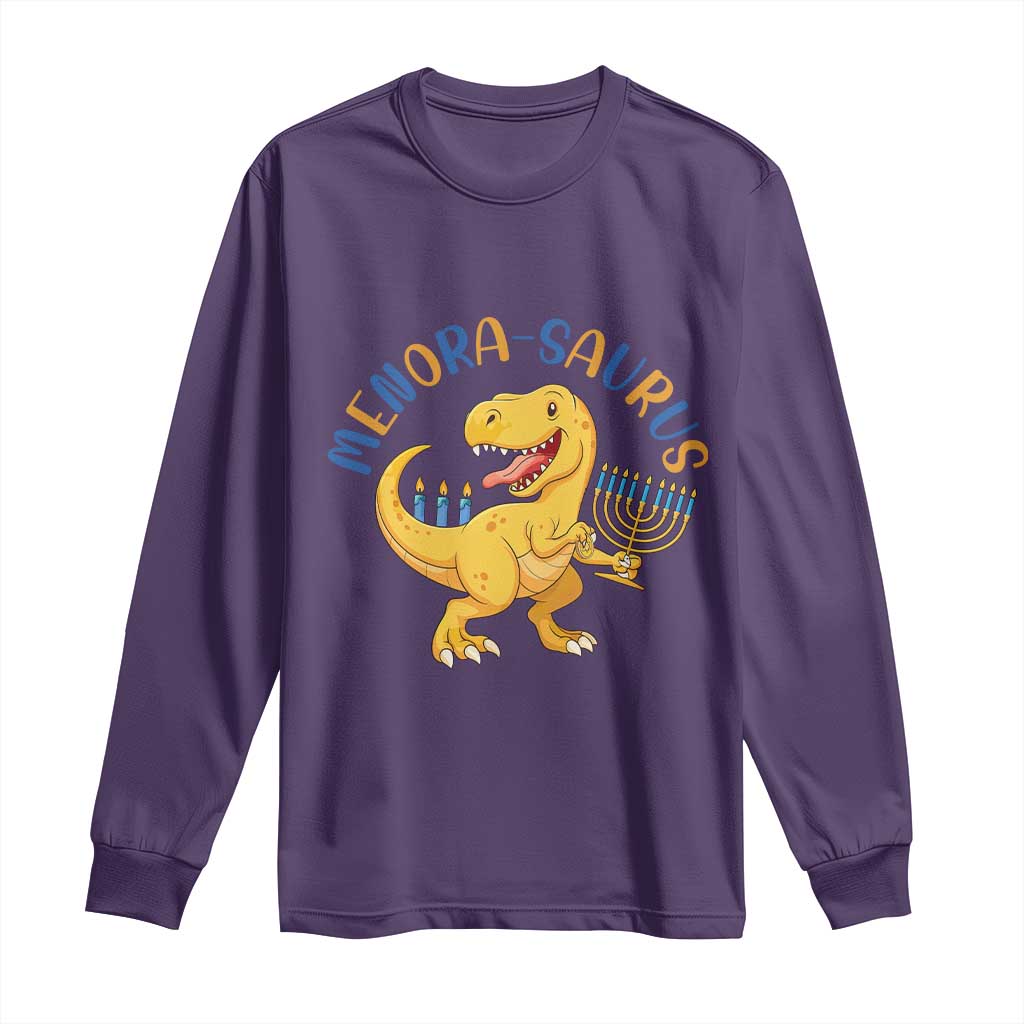 Funny Hanukkah Dinosaur Celebration Festival Of Lights Gift Long Sleeve Shirt Menorasaurus - Wonder Print Shop