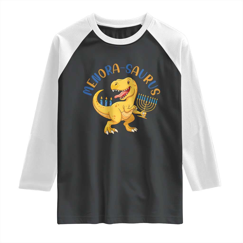 Funny Hanukkah Dinosaur Celebration Festival Of Lights Gift Raglan Shirt Menorasaurus - Wonder Print Shop