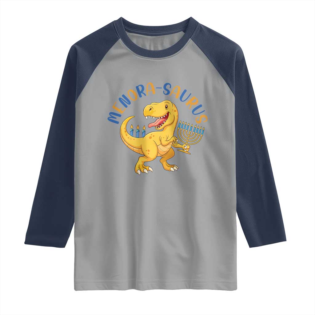 Funny Hanukkah Dinosaur Celebration Festival Of Lights Gift Raglan Shirt Menorasaurus - Wonder Print Shop