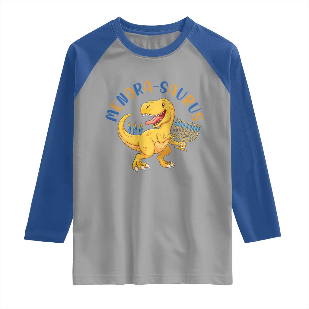 Funny Hanukkah Dinosaur Celebration Festival Of Lights Gift Raglan Shirt Menorasaurus - Wonder Print Shop
