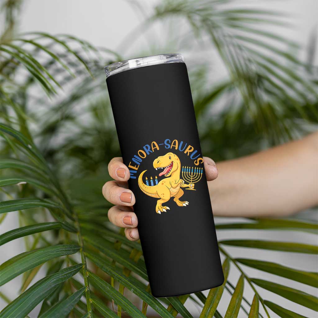Funny Hanukkah Dinosaur Celebration Festival Of Lights Gift Skinny Tumbler Menorasaurus - Wonder Print Shop