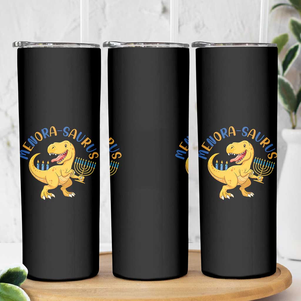 Funny Hanukkah Dinosaur Celebration Festival Of Lights Gift Skinny Tumbler Menorasaurus - Wonder Print Shop