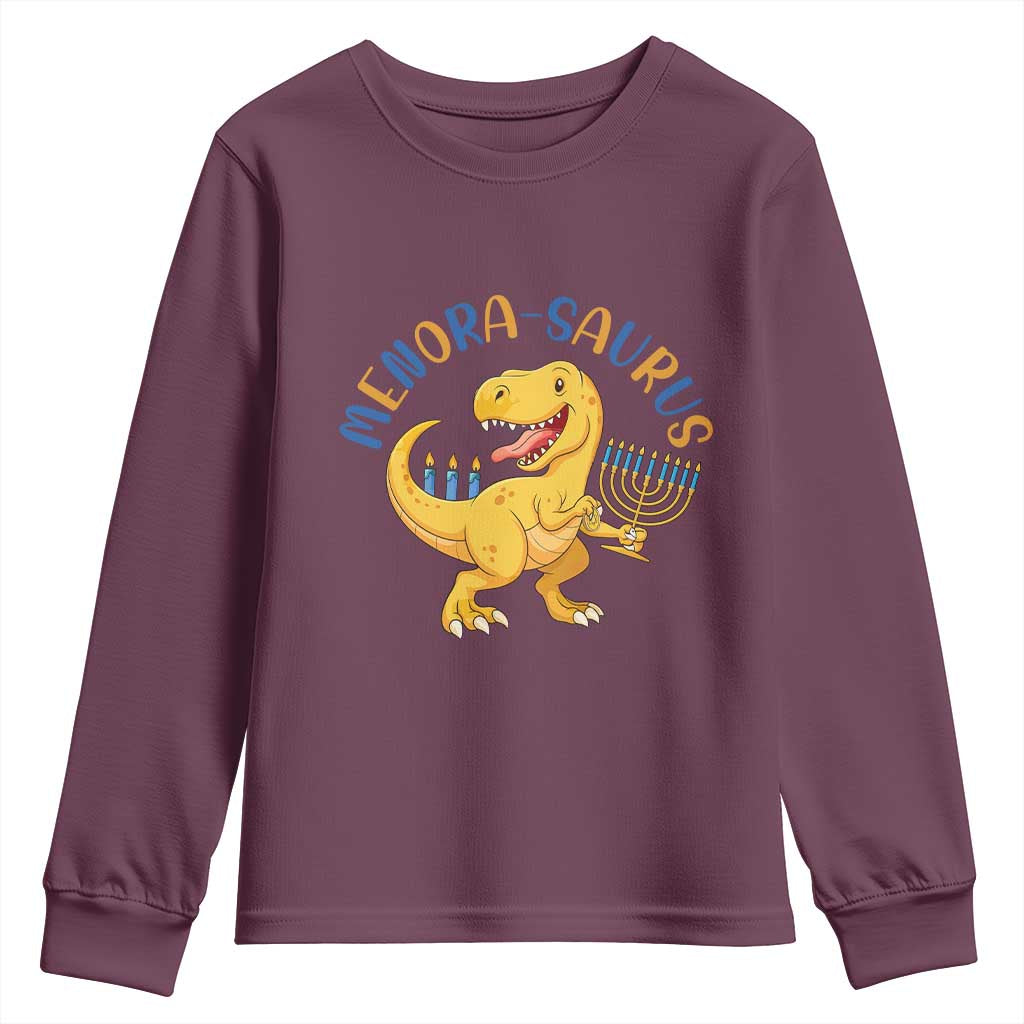 Funny Hanukkah Dinosaur Celebration Festival Of Lights Gift Youth Sweatshirt Menorasaurus - Wonder Print Shop