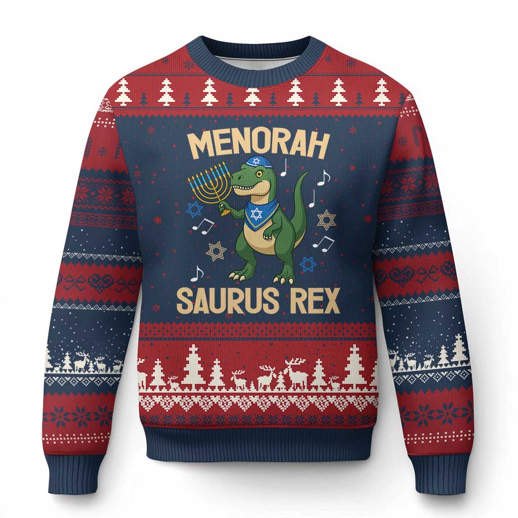 Funny Hanukkah Dinosaur Lover Ugly Christmas Sweater Menorasaurus Rex Festival Of Lights Gift - Wonder Print Shop
