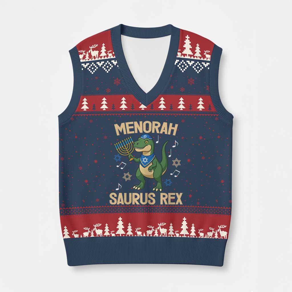 Funny Hanukkah Dinosaur Lover V-Neck Knit Sweater Vest Menorasaurus Rex Festival Of Lights Gift - Wonder Print Shop