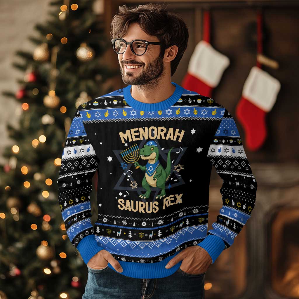 Funny Dinosaur Lover Hanukkah Ugly Sweater Menorasaurus Rex Festival Of Lights Gift - Wonder Print Shop